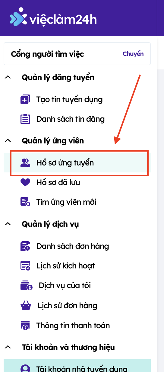 Quản lý hồ sơ nộp từ Vieclamsales.vn