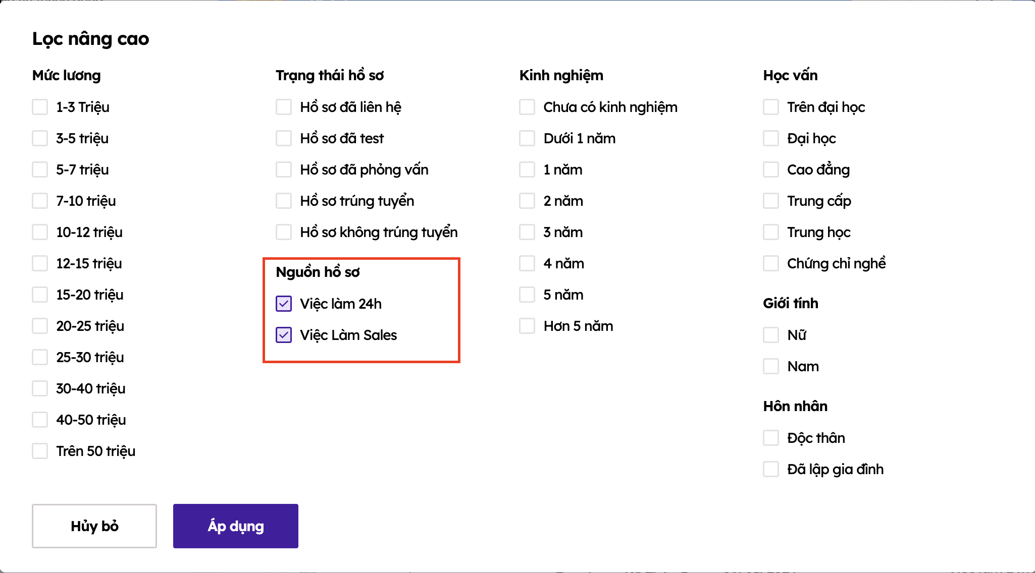 Quản lý hồ sơ nộp từ Vieclamsales.vn